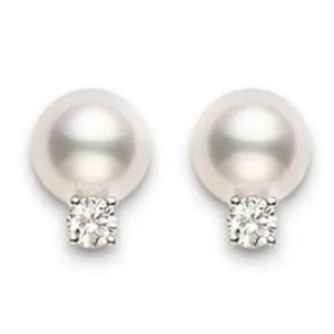 Mikimoto 18ct Yellow Gold Diamond 7mm White AA Akoya Pearl Stud Earrings