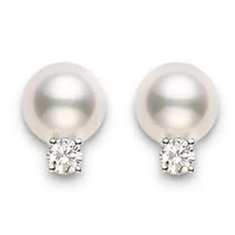 Mikimoto 18ct Yellow Gold Diamond 8mm White AA Akoya Pearl Stud Earrings