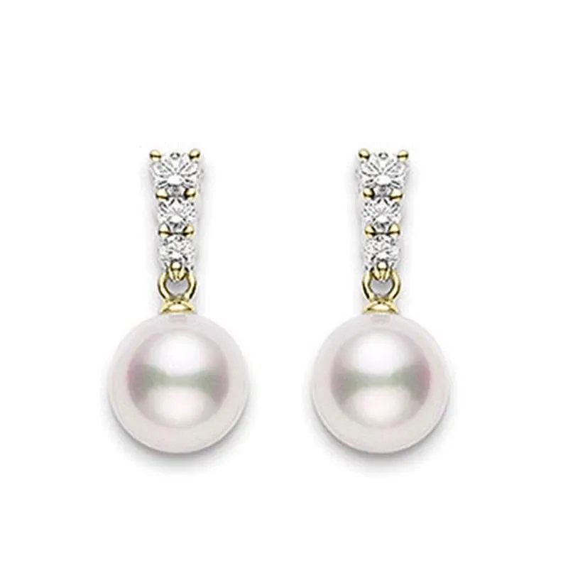 Mikimoto 18ct Yellow Gold Diamond 8mm White Akoya Pearl Earrings D