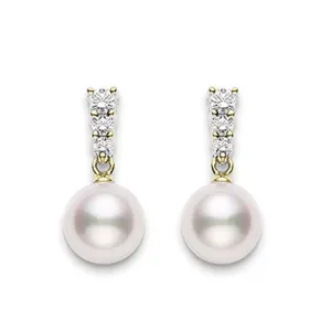 Mikimoto 18ct Yellow Gold Diamond 8mm White Akoya Pearl Earrings D