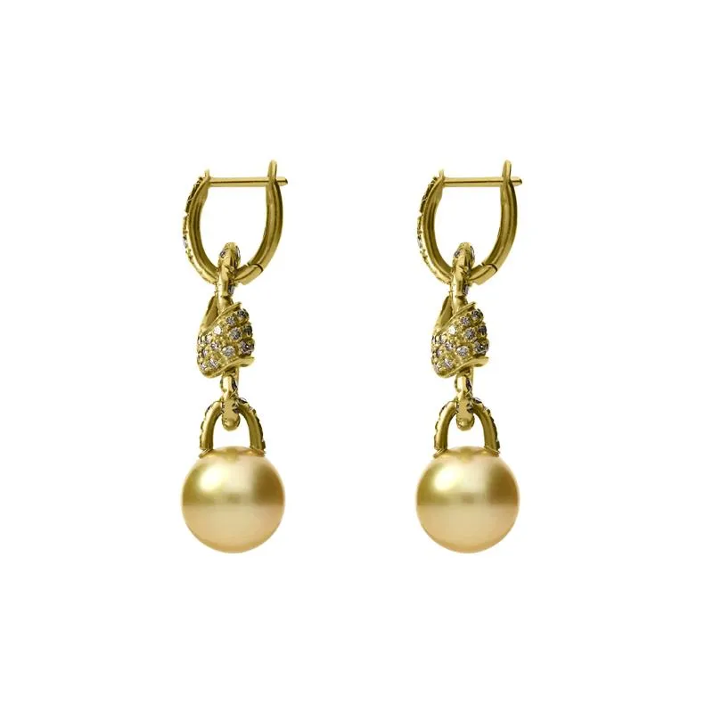 Mikimoto 18ct Yellow Gold Diamond Golden South Sea Pearl Drop Earrings