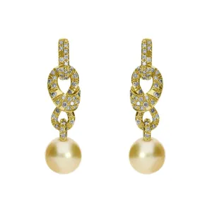 Mikimoto 18ct Yellow Gold Diamond Golden South Sea Pearl Drop Earrings