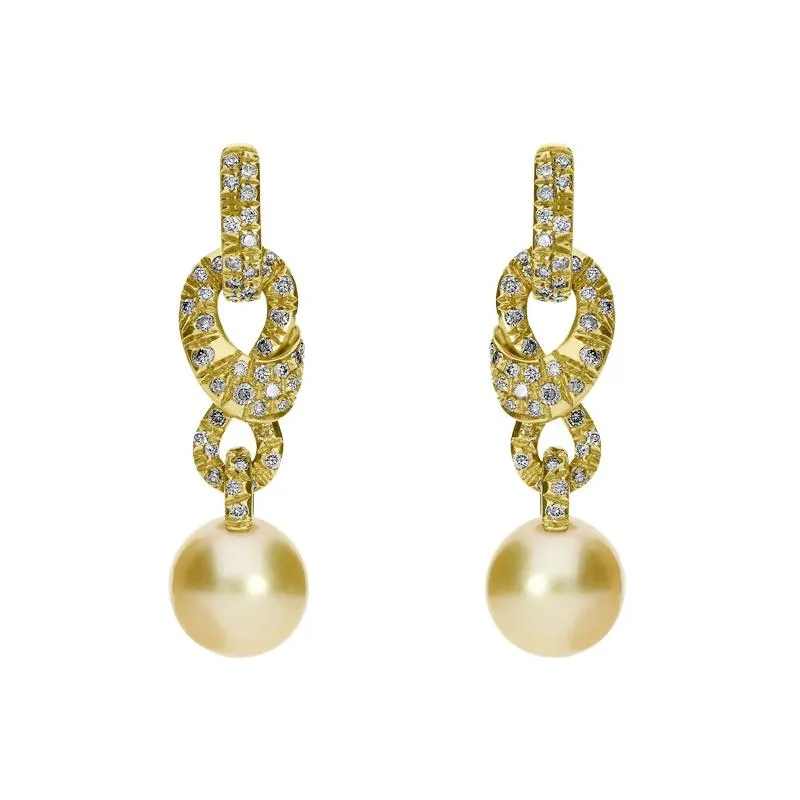 Mikimoto 18ct Yellow Gold Diamond Golden South Sea Pearl Drop Earrings