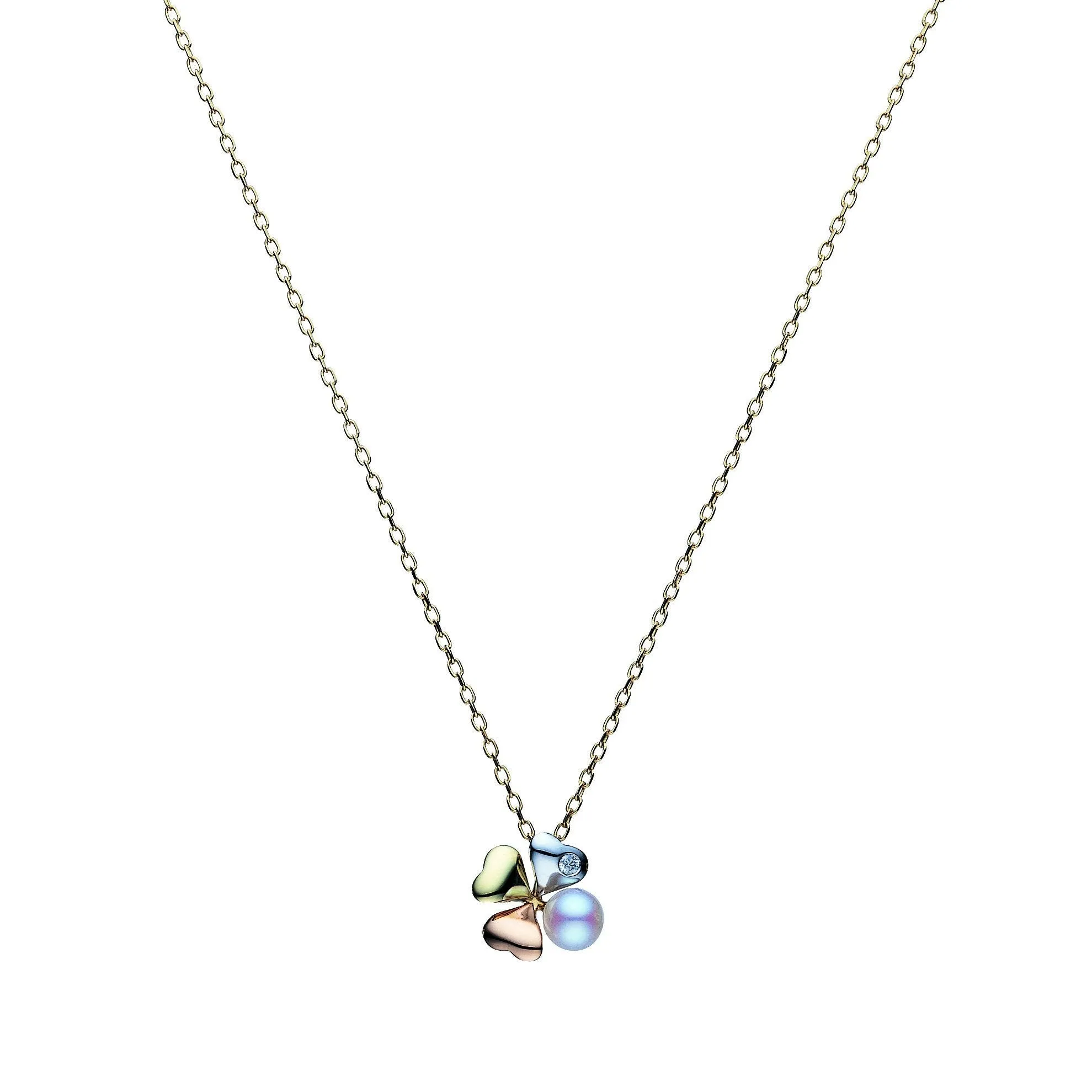 Mikimoto 18ct Yellow Gold Diamond White Akoya Pearl Clover Necklace