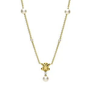 Mikimoto 18ct Yellow Gold Diamond White Akoya Pearl Drop Necklace