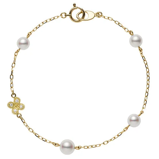 Mikimoto 18ct Yellow Gold White Akoya Pearl Diamond Flower Chain Bracelet