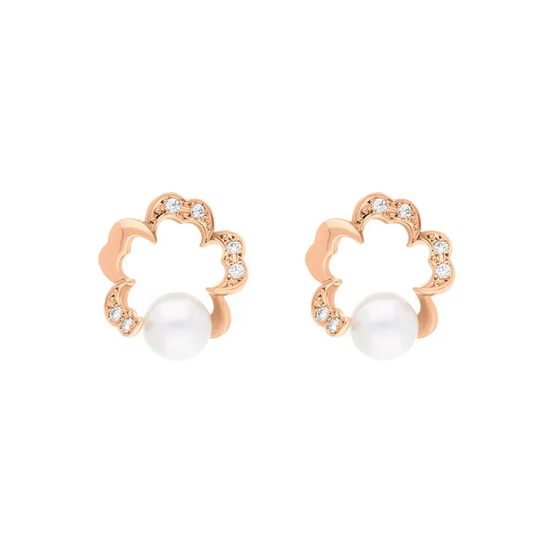 Mikimoto Cherry Blossom 18ct Rose Gold Akoya Pearl Diamond Earrings