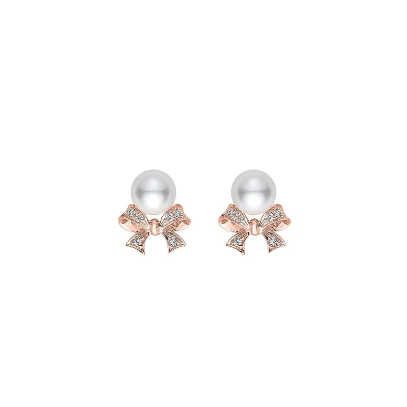 Mikimoto Ribbon 18ct Rose Gold Akoya Pearl Diamond Stud Earrings