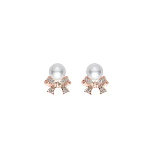 Mikimoto Ribbon 18ct Rose Gold Akoya Pearl Diamond Stud Earrings