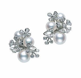 Mikimoto 18ct White Gold Akoya Pearl Diamond Floral Bouquet Stud Earrings