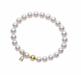 Mikimoto 18ct Yellow Gold Diamond 6.5mm White A1 Akoya Pearl Ball Clasp Bracelet
