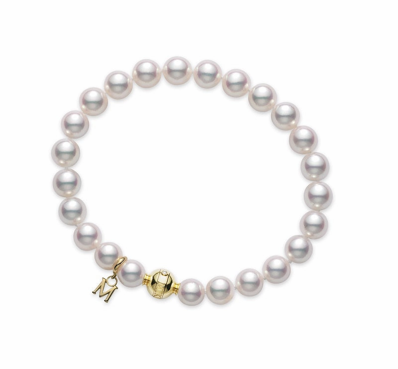 Mikimoto 18ct Yellow Gold Diamond 6.5mm White A1 Akoya Pearl Ball Clasp Bracelet