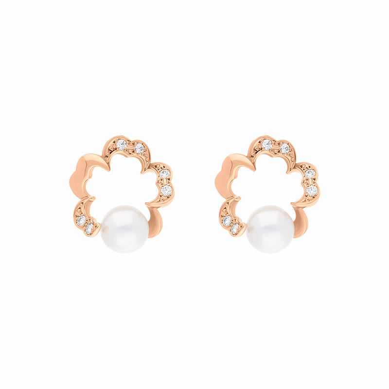 Mikimoto Cherry Blossom 18ct Rose Gold Akoya Pearl Diamond Earrings