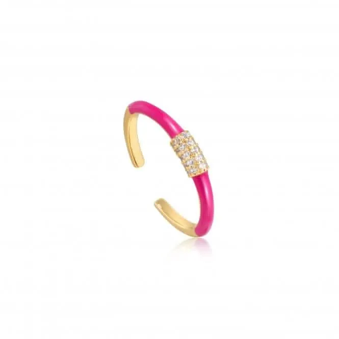Neon Pink Enamel Carabiner Gold Adjustable Ring R040-01G-NP