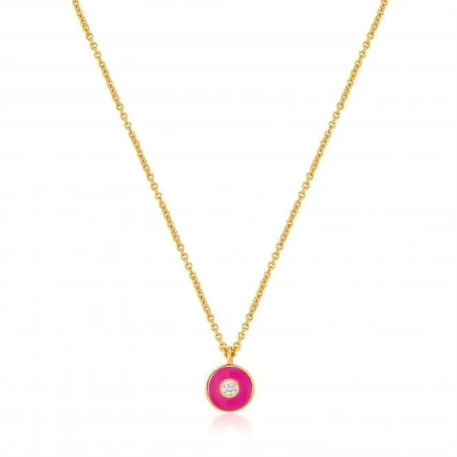 Neon Pink Enamel Disc Gold Necklace N040-02G-NP