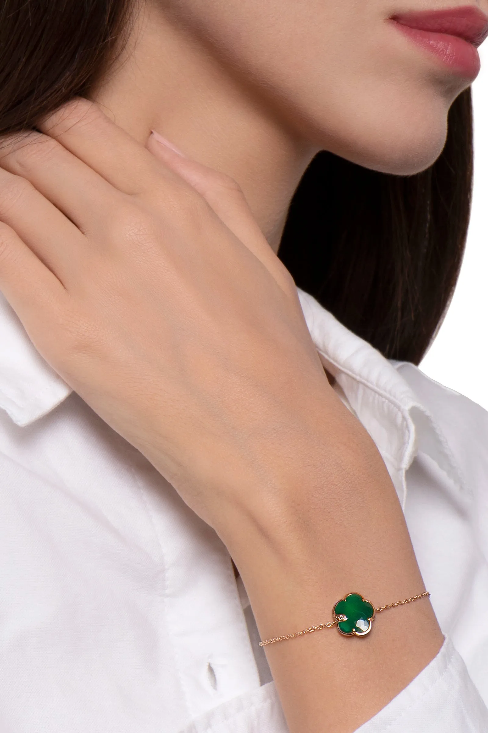 Pasquale Bruni Petit Joli 18ct Rose Gold White and Champagne Diamond Green Agate Bracelet