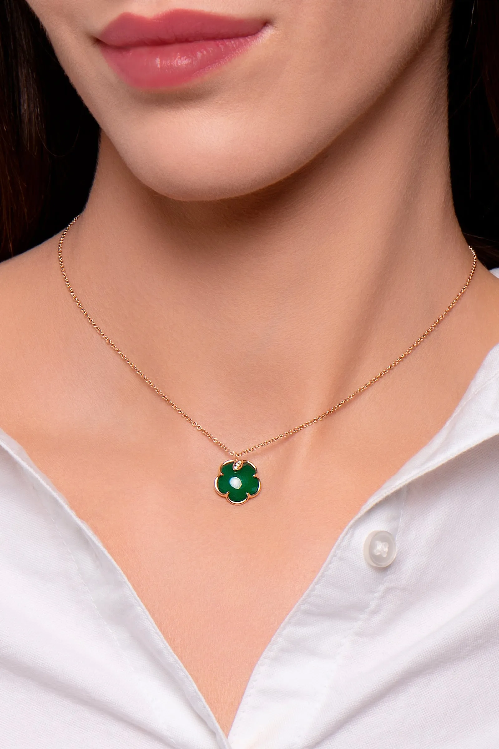 Pasquale Bruni Petit Joli 18ct Rose Gold White and Champagne Diamond Green Agate Necklace