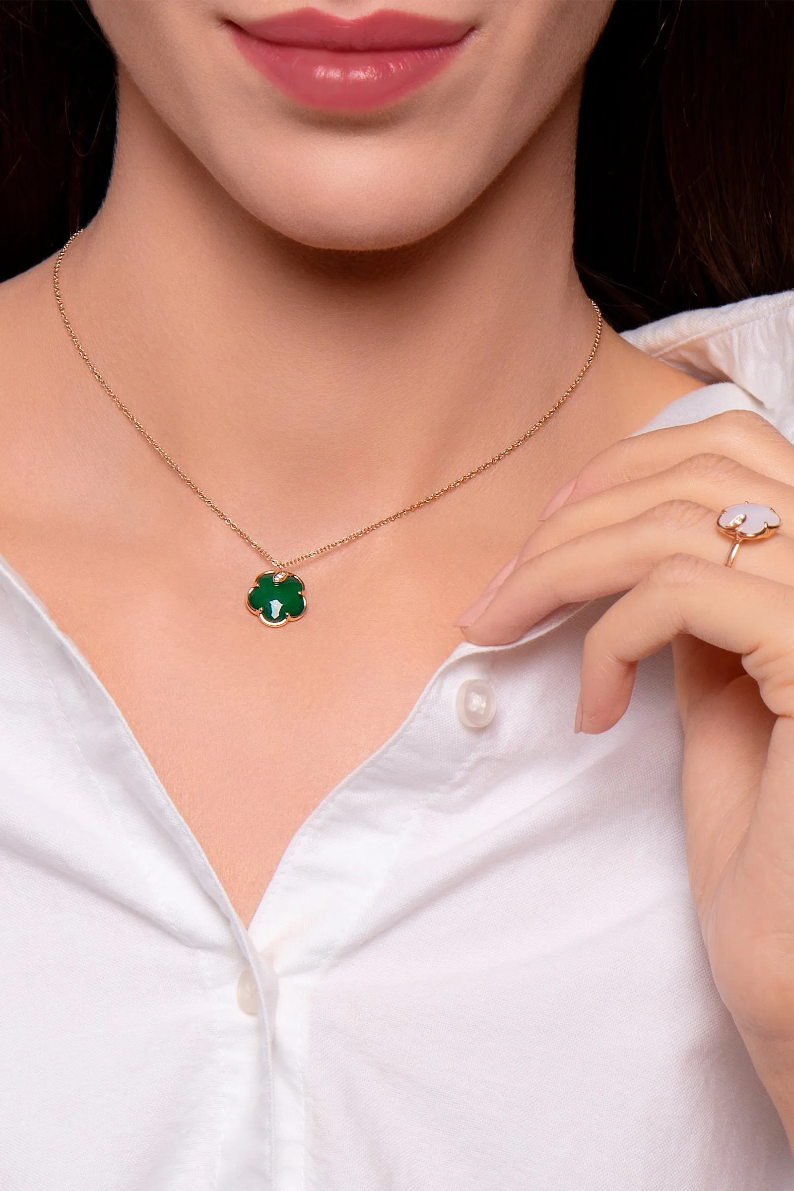 Pasquale Bruni Petit Joli 18ct Rose Gold White and Champagne Diamond Green Agate Necklace