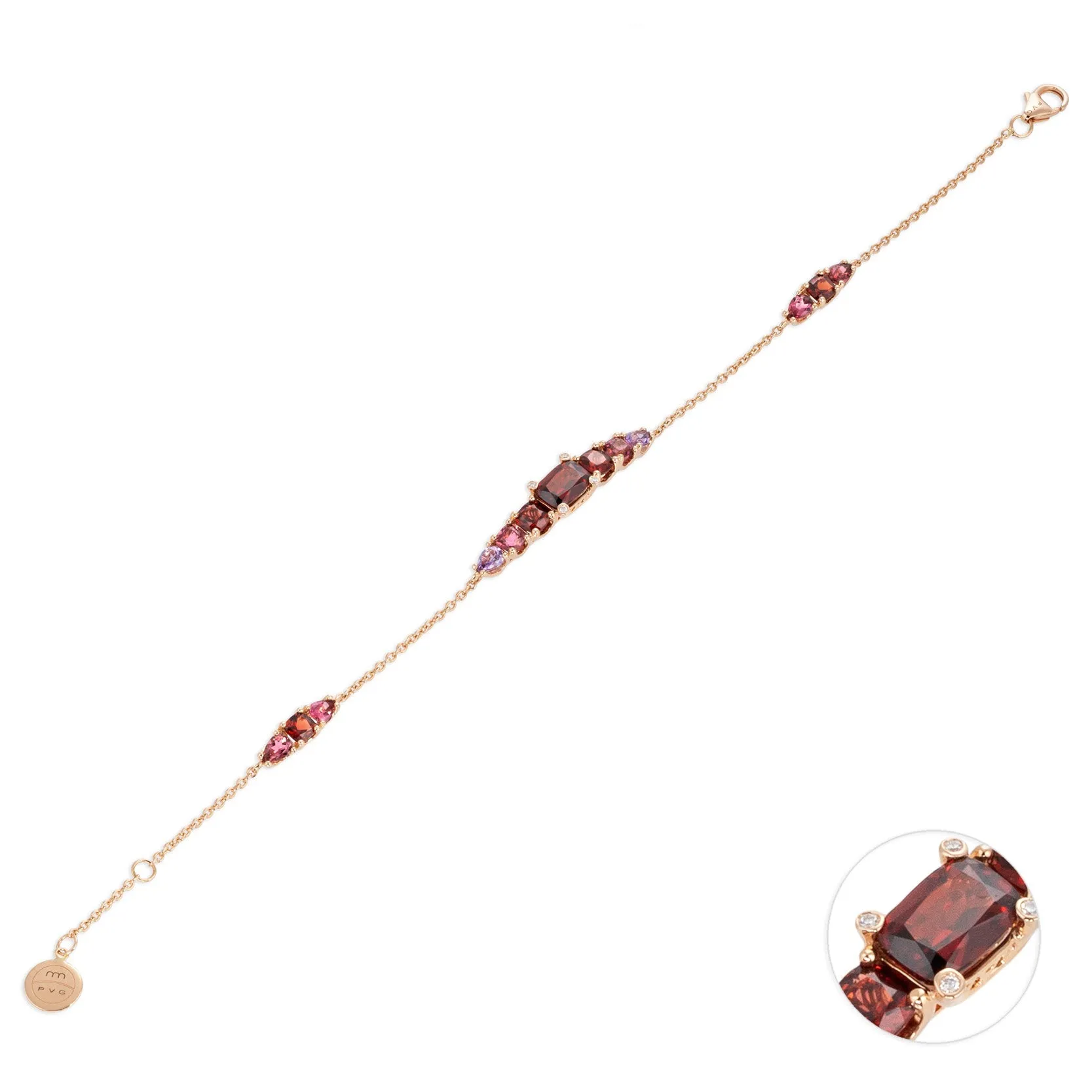 Ponte Vecchio Iris 18ct Rose Gold Garnet Tourmaline Diamond Chain Bracelet