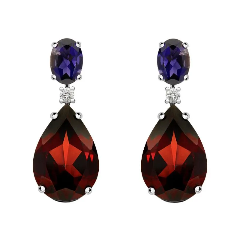 Ponte Vecchio Signoria 18ct White Gold 13.40ct Garnet 1.35ct Iolite Diamond Drop Earrings