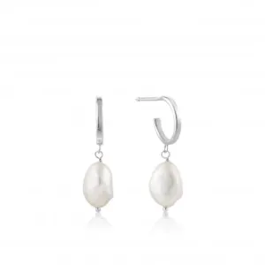Rhodium Pearl Mini Hoop Earrings E019-02H