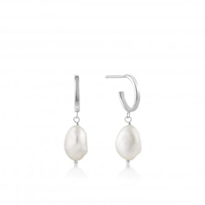 Rhodium Pearl Mini Hoop Earrings E019-02H
