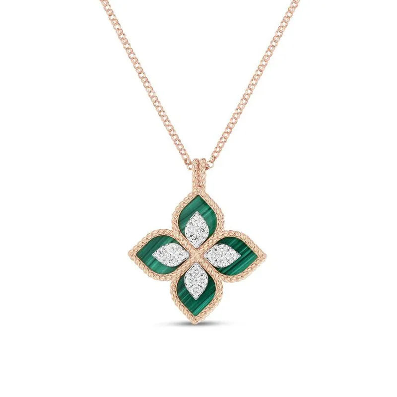 Roberto Coin Princess Flower 18ct Rose Gold Diamond Malachite Necklace