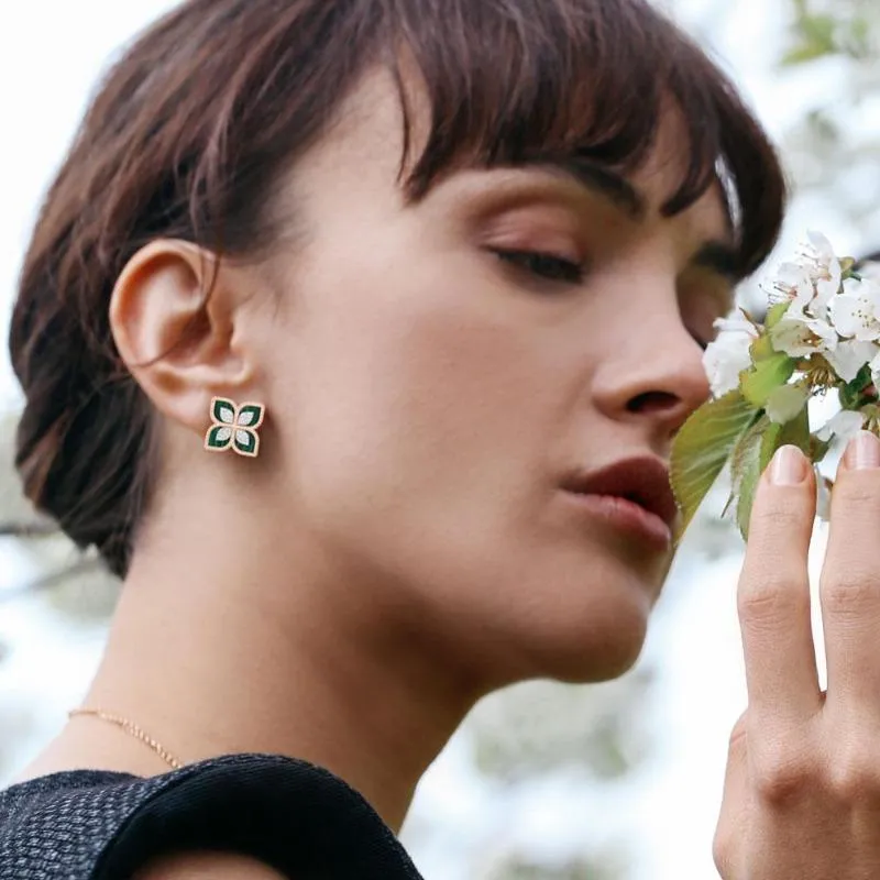 Roberto Coin Princess Flower 18ct Rose Gold Diamond Malachite Stud Earrings