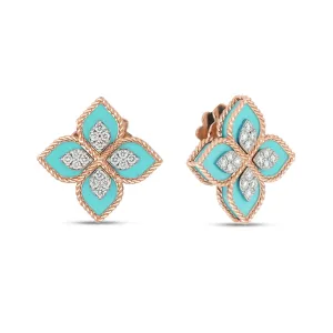 Roberto Coin Princess Flower 18ct Rose Gold Turquoise Diamond Earrings