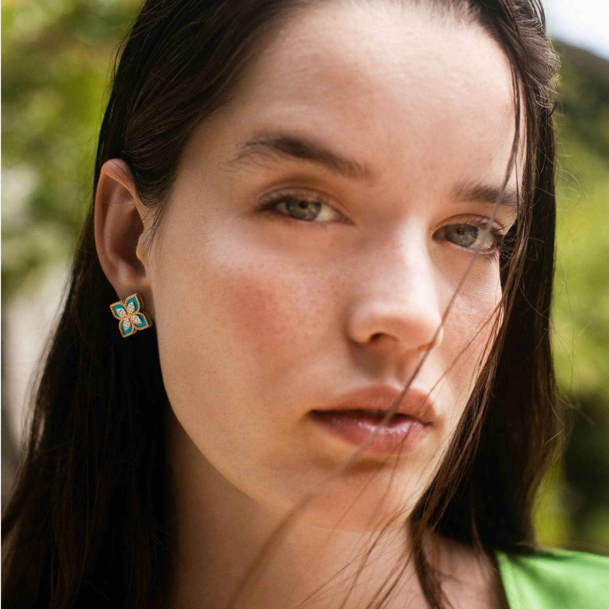 Roberto Coin Princess Flower 18ct Rose Gold Turquoise Diamond Earrings