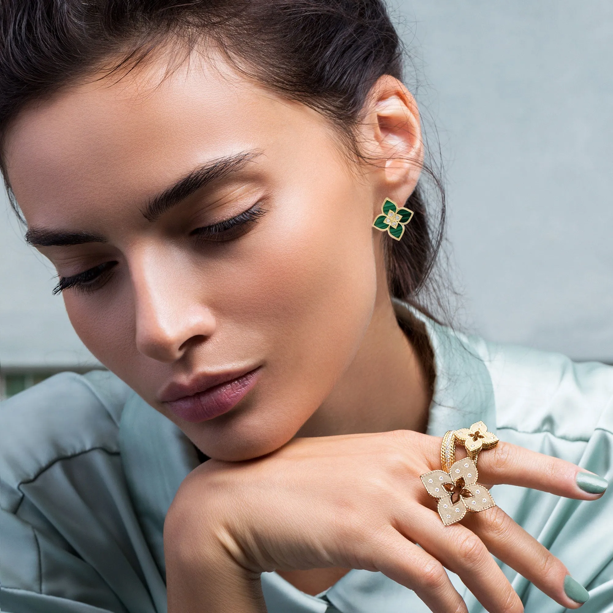 Roberto Coin Venetian Princess 18ct Yellow Gold Diamond Malachite Stud Earrings