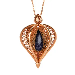 Rose Gold Plated Sterling Silver Blue Goldstone Flore Filigree Droplet Necklace
