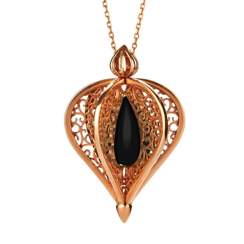 Rose Gold Plated Sterling Silver Whitby Jet Flore Filigree Droplet Necklace