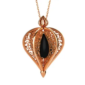 Rose Gold Plated Sterling Silver Whitby Jet Flore Filigree Droplet Necklace