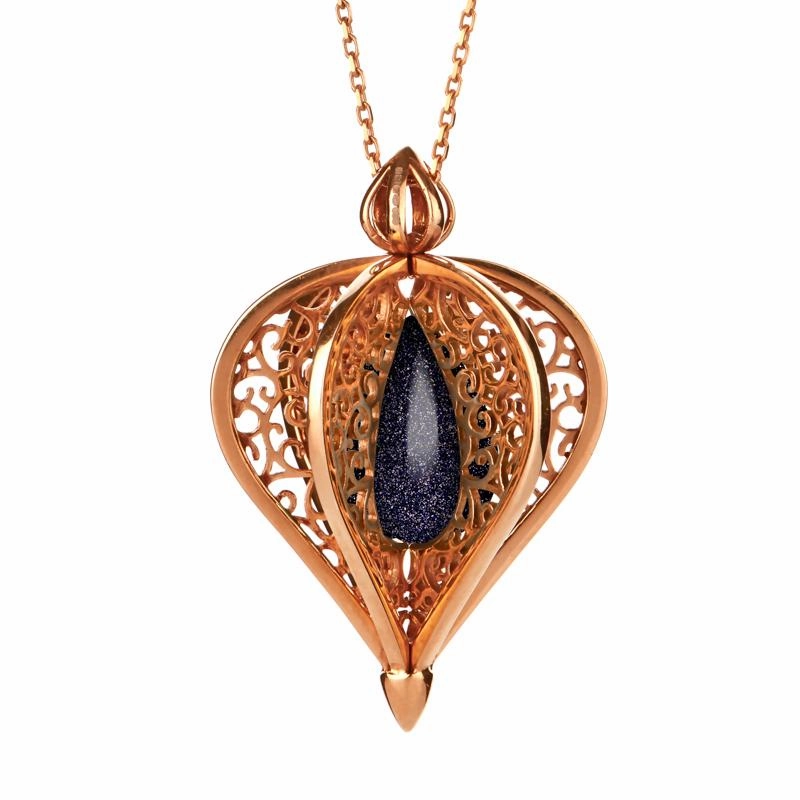 Rose Gold Plated Sterling Silver Blue Goldstone Flore Filigree Droplet Necklace