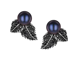Shaun Leane Earrings Silver and Black Spinel Double Leaf Studs with Single Pearl