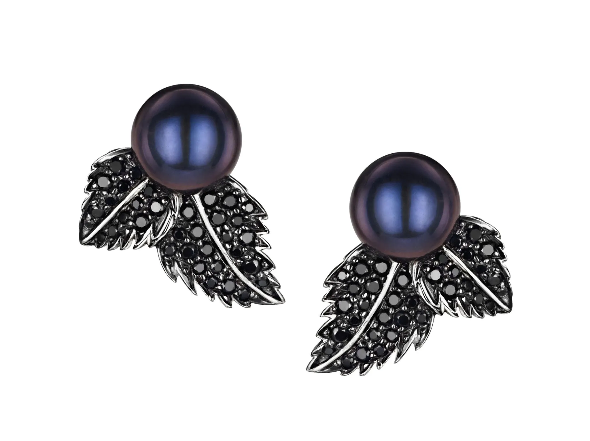 Shaun Leane Earrings Silver and Black Spinel Double Leaf Studs with Single Pearl
