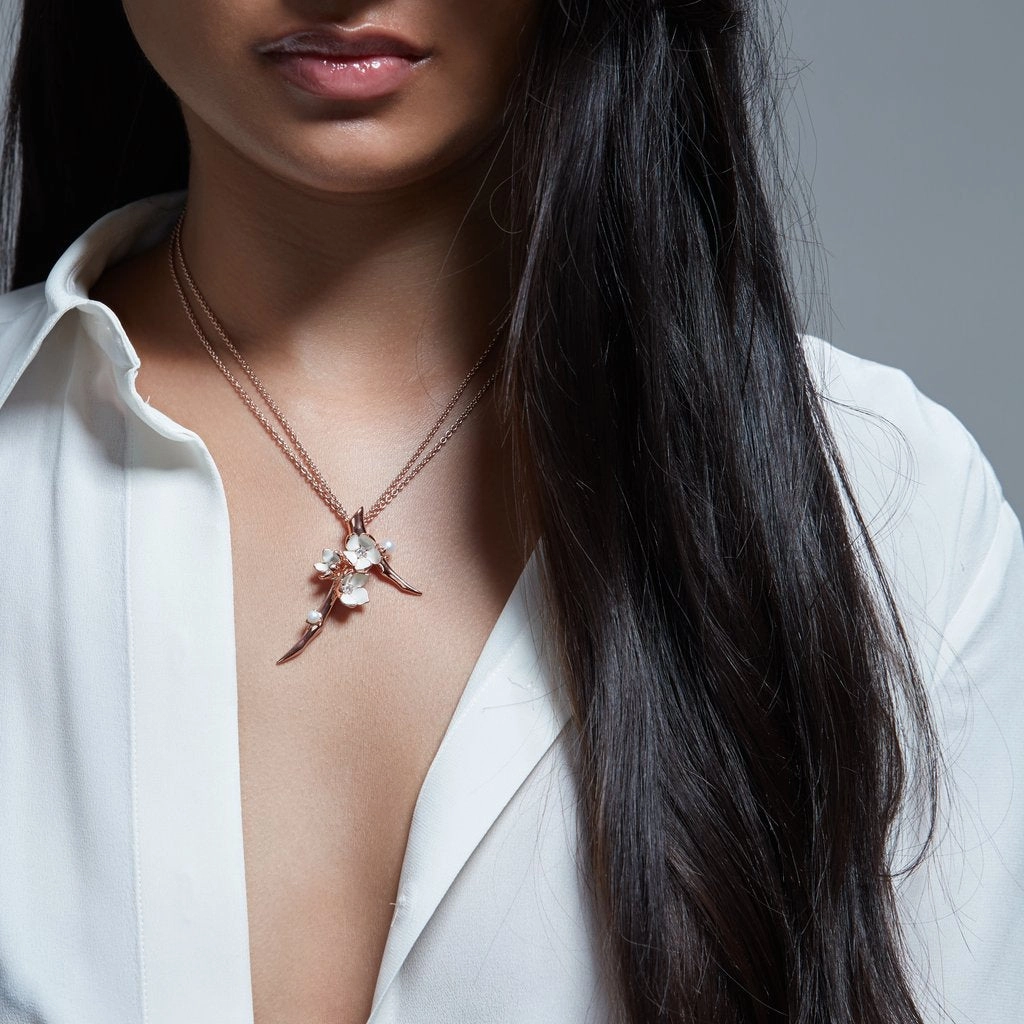 Shaun Leane Cherry Blossom 18ct Rose Gold Plated Sterling Silver 0.19ct Diamond Pearl Flower Necklace