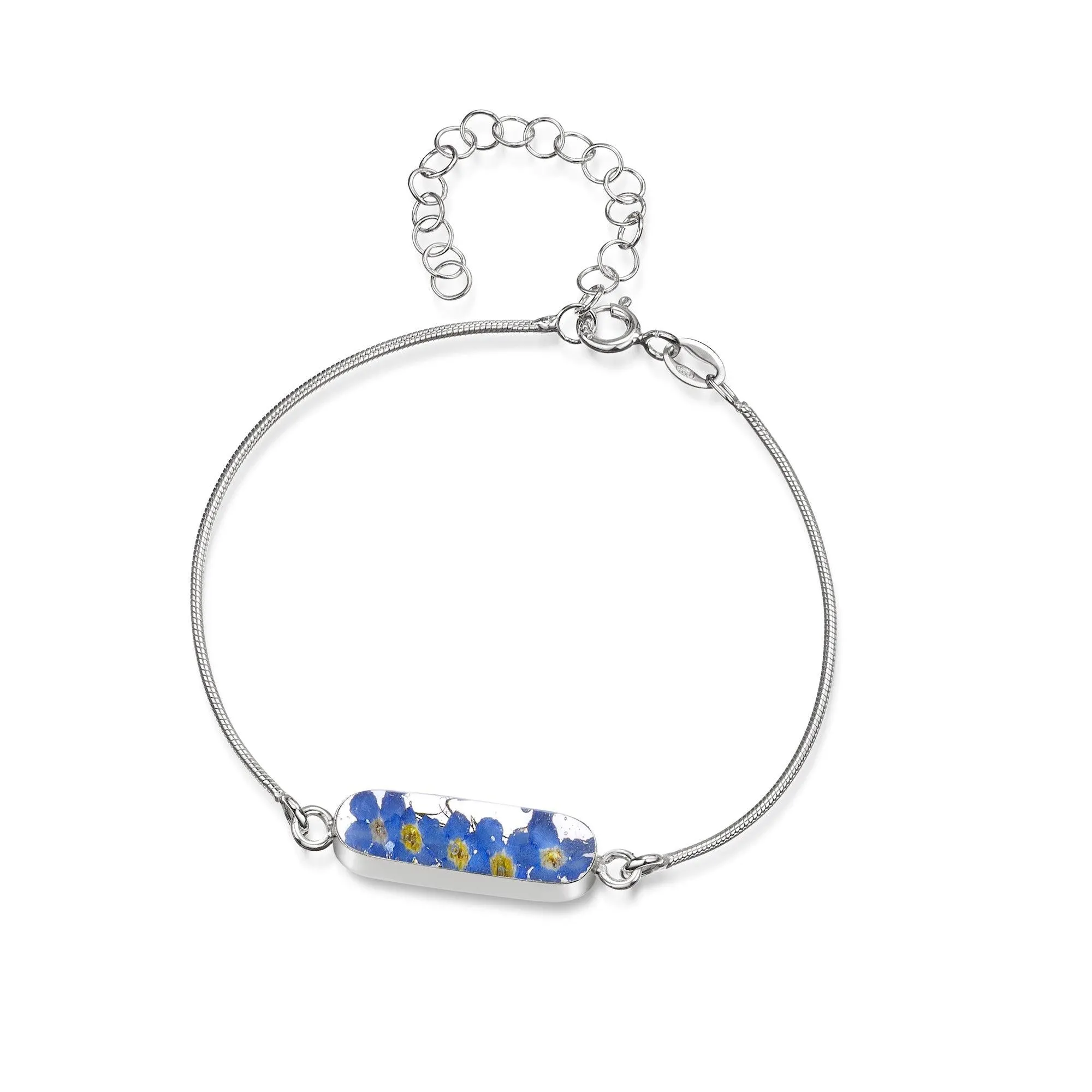 Shrieking Violet Sterling Silver Snake Chain Forget Me Not Oval Charm Bracelet