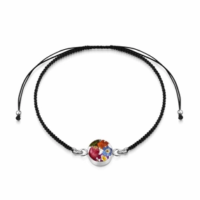 Shrieking Violet Sterling Silver Black Woven Mixed Flower Round Charm Bracelet