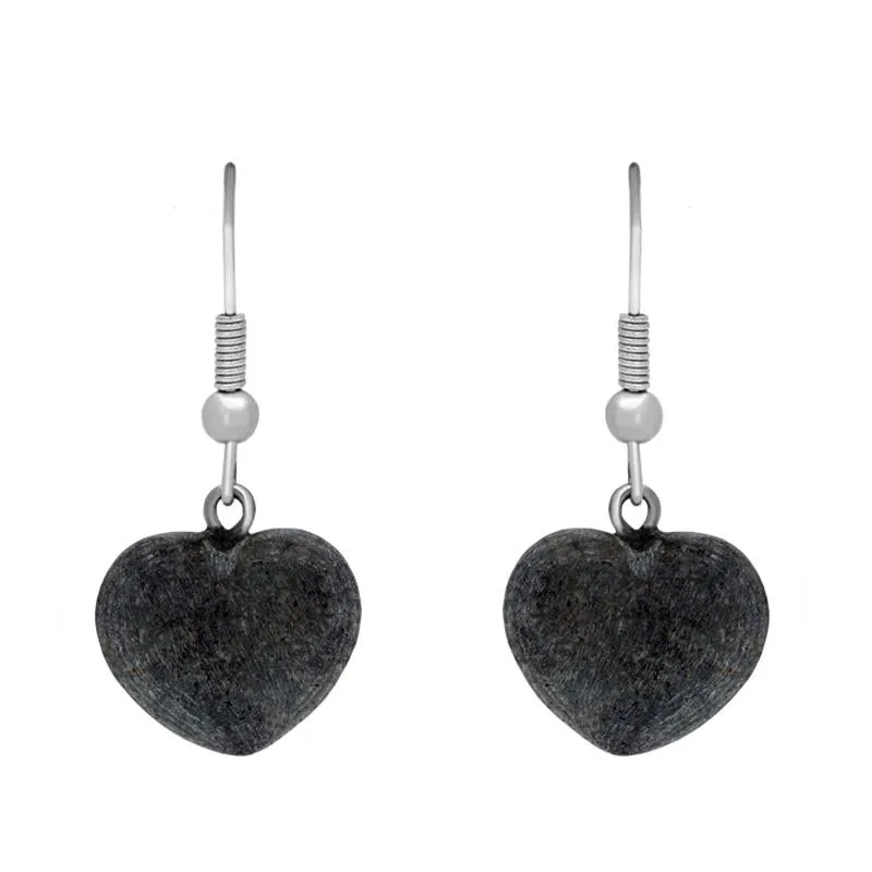 Silver Plate Preseli Bluestone Carved Heart Hook Drop Earrings