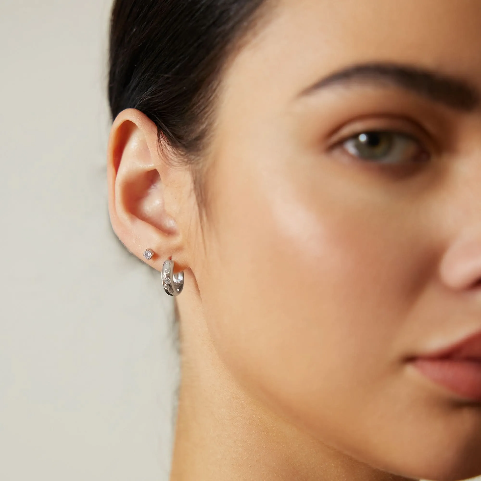 Silver Small Chubby Sparkling Huggie Hoop Earrings E065-04H