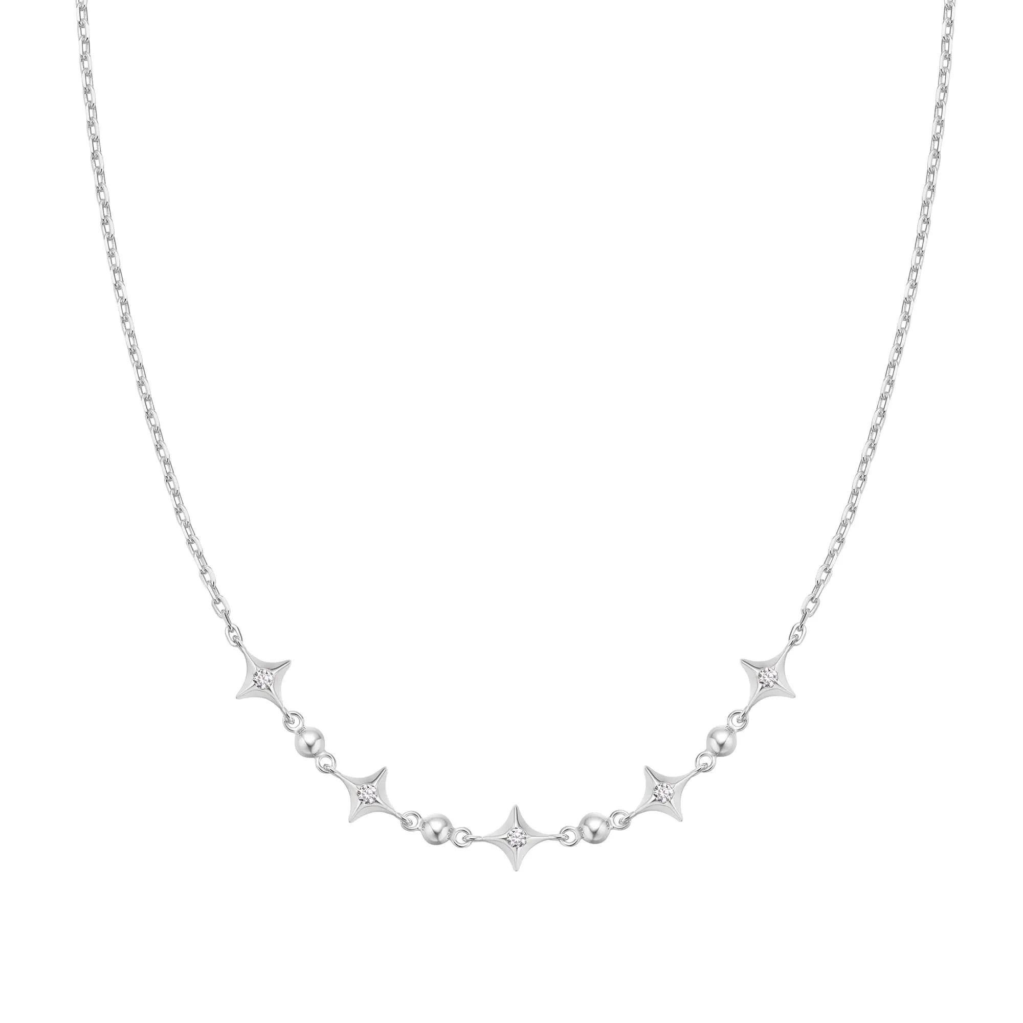 Silver Sparkling Star Station Necklace N064-04H