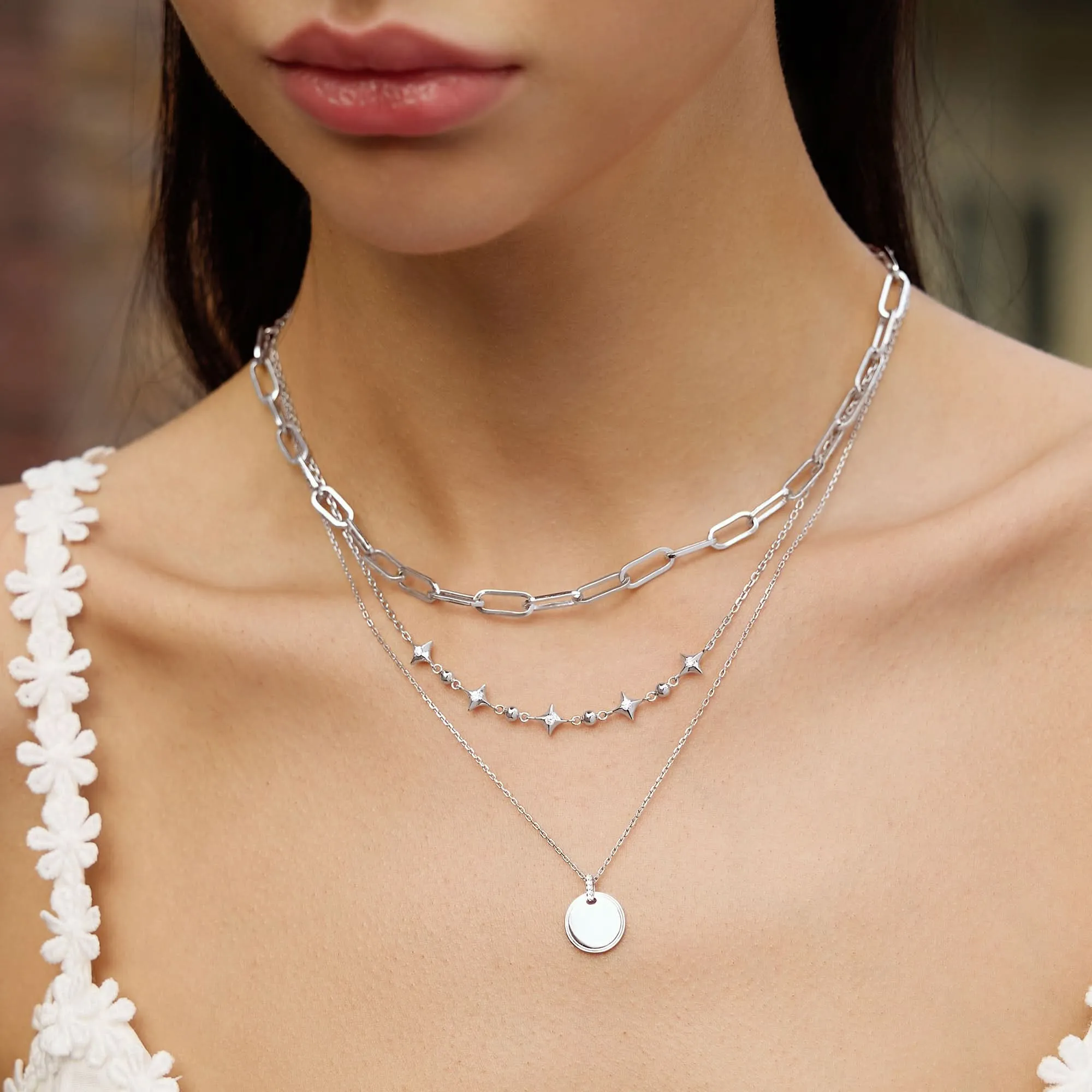 Silver Sparkling Star Station Necklace N064-04H