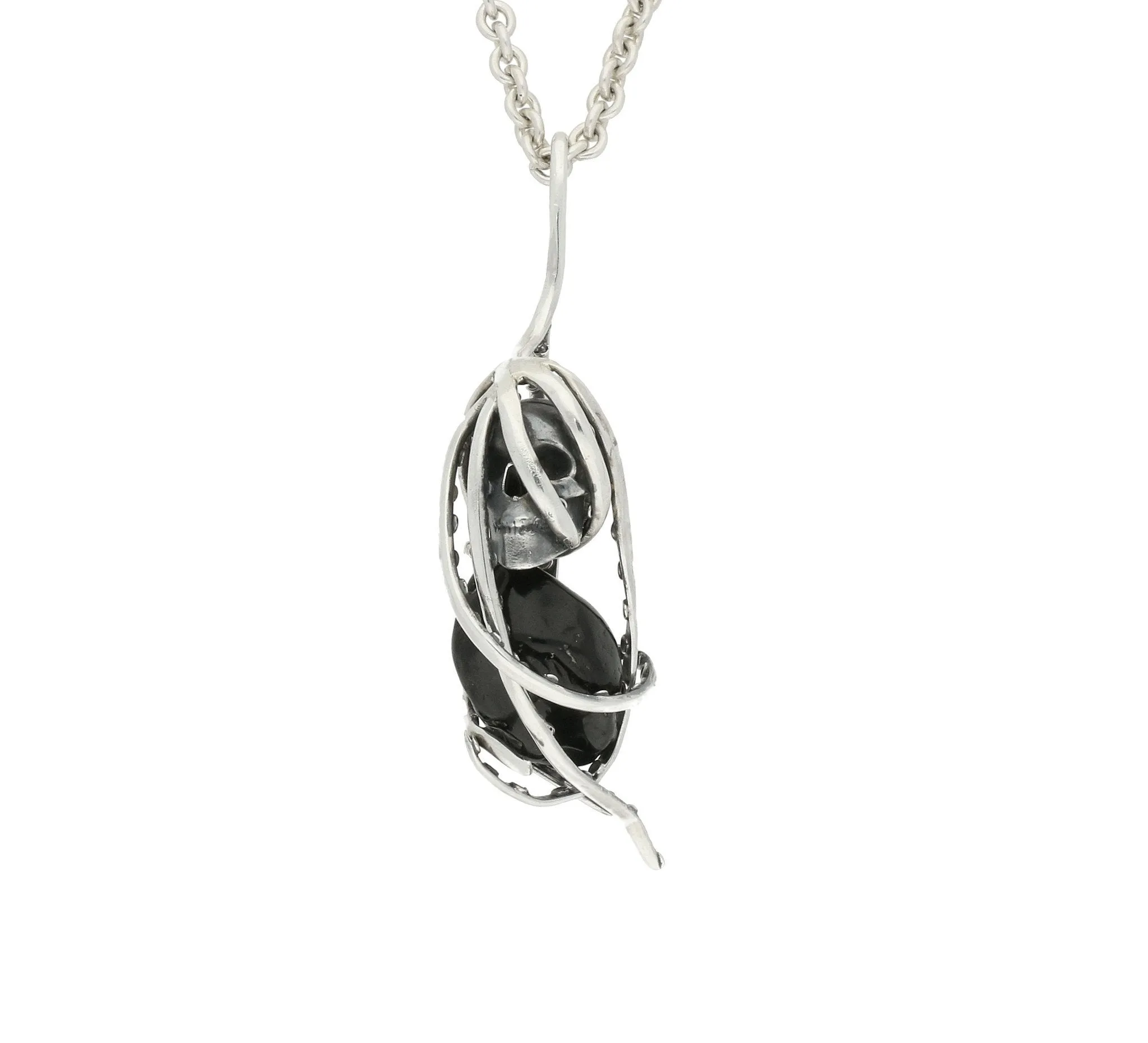 Silver Whitby Jet Unique Caged Skull Necklace
