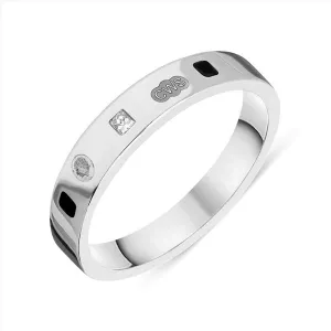 Sterling Silver 0.09ct Diamond Whitby Jet King's Coronation Hallmark Princess Cut 4mm Ring D