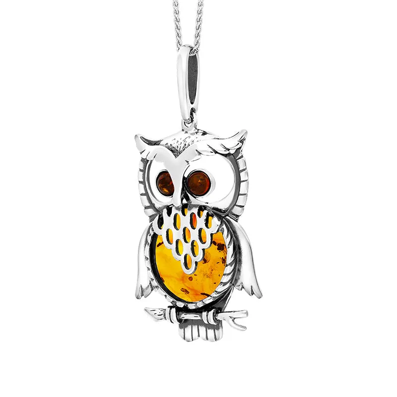 Sterling Silver Amber Large Owl Necklace