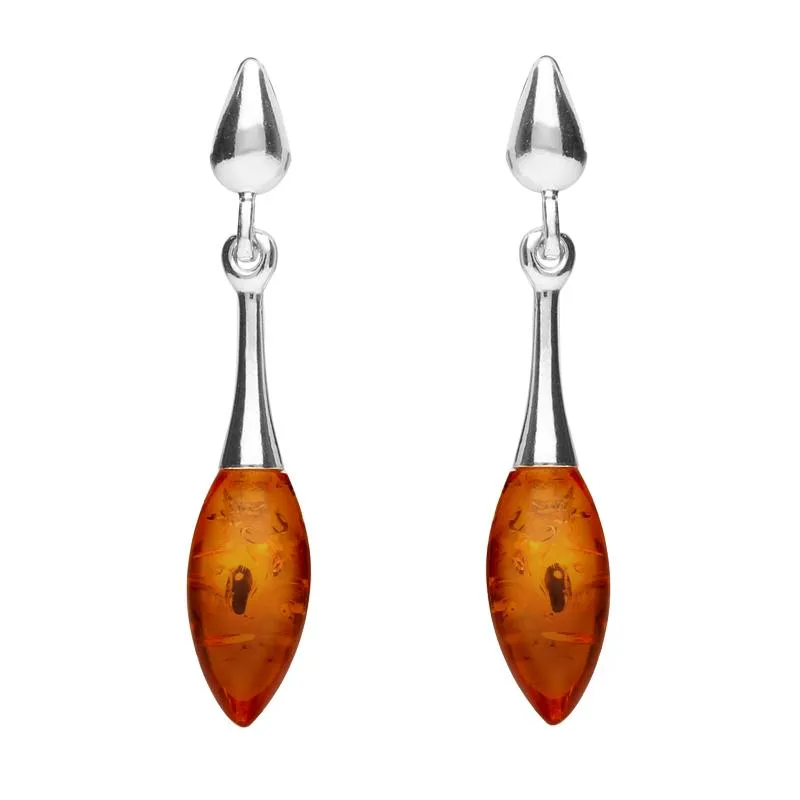Sterling Silver Amber Long Slim Marquise Drop Stud Earrings