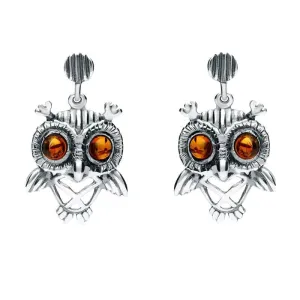 Sterling Silver Amber Orange Owl Stud Earrings