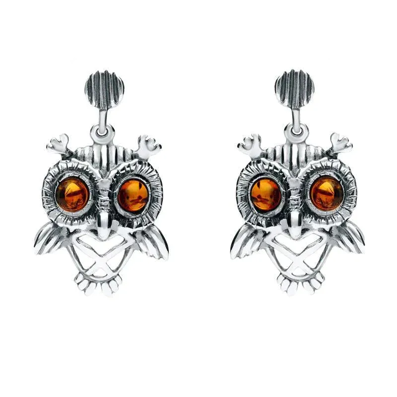 Sterling Silver Amber Orange Owl Stud Earrings